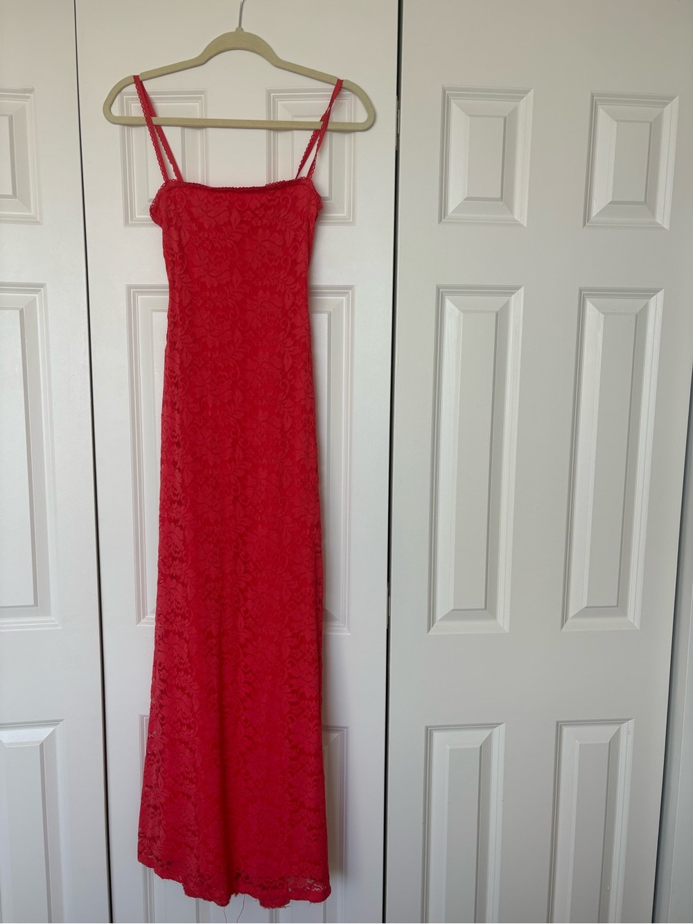 Red Lace Maxi Slip Dress with Spaghetti Straps